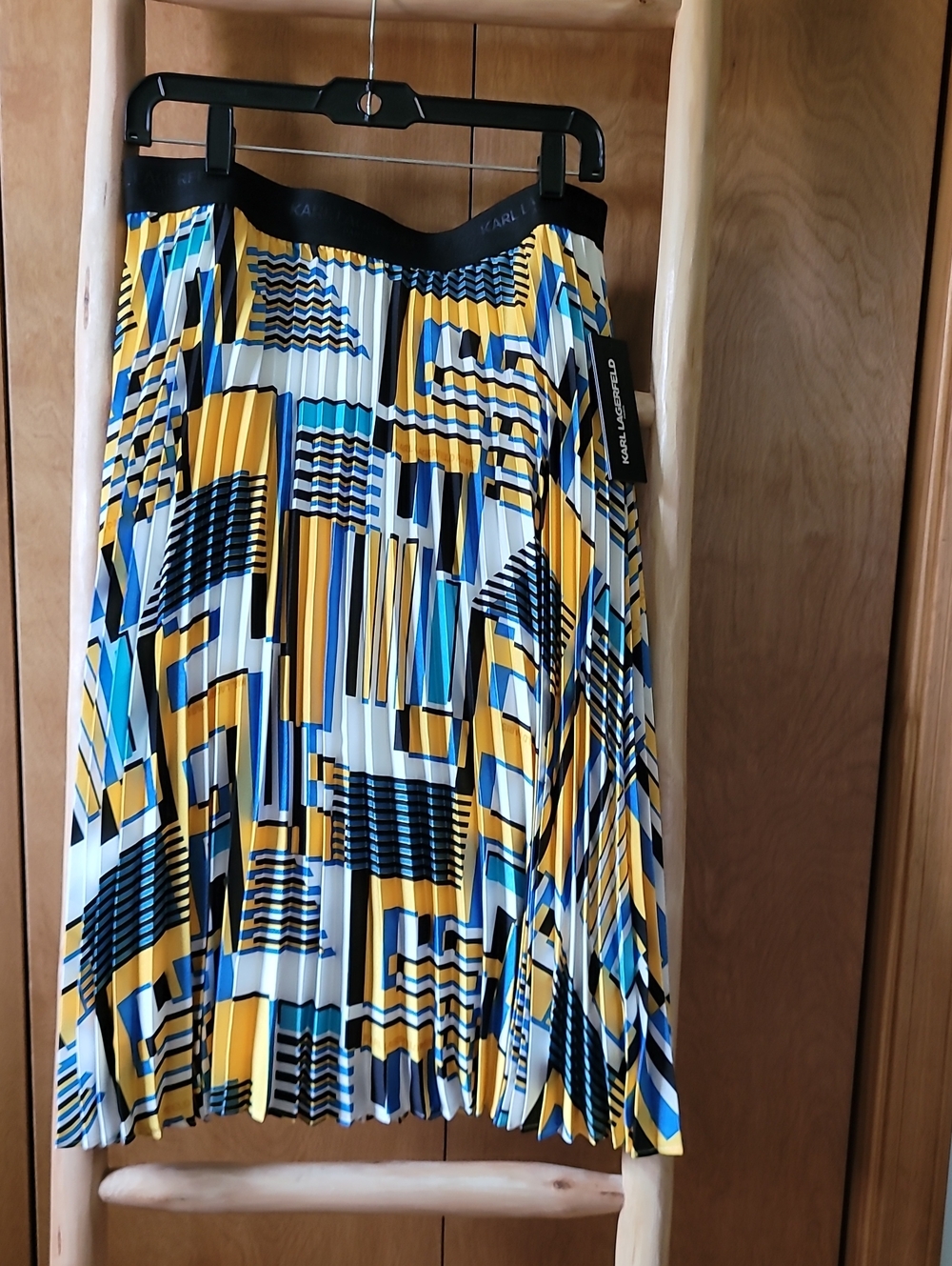 Karl Lagerfeld Pleated Geometric Midi Skirt in Yellow, Blue & Black